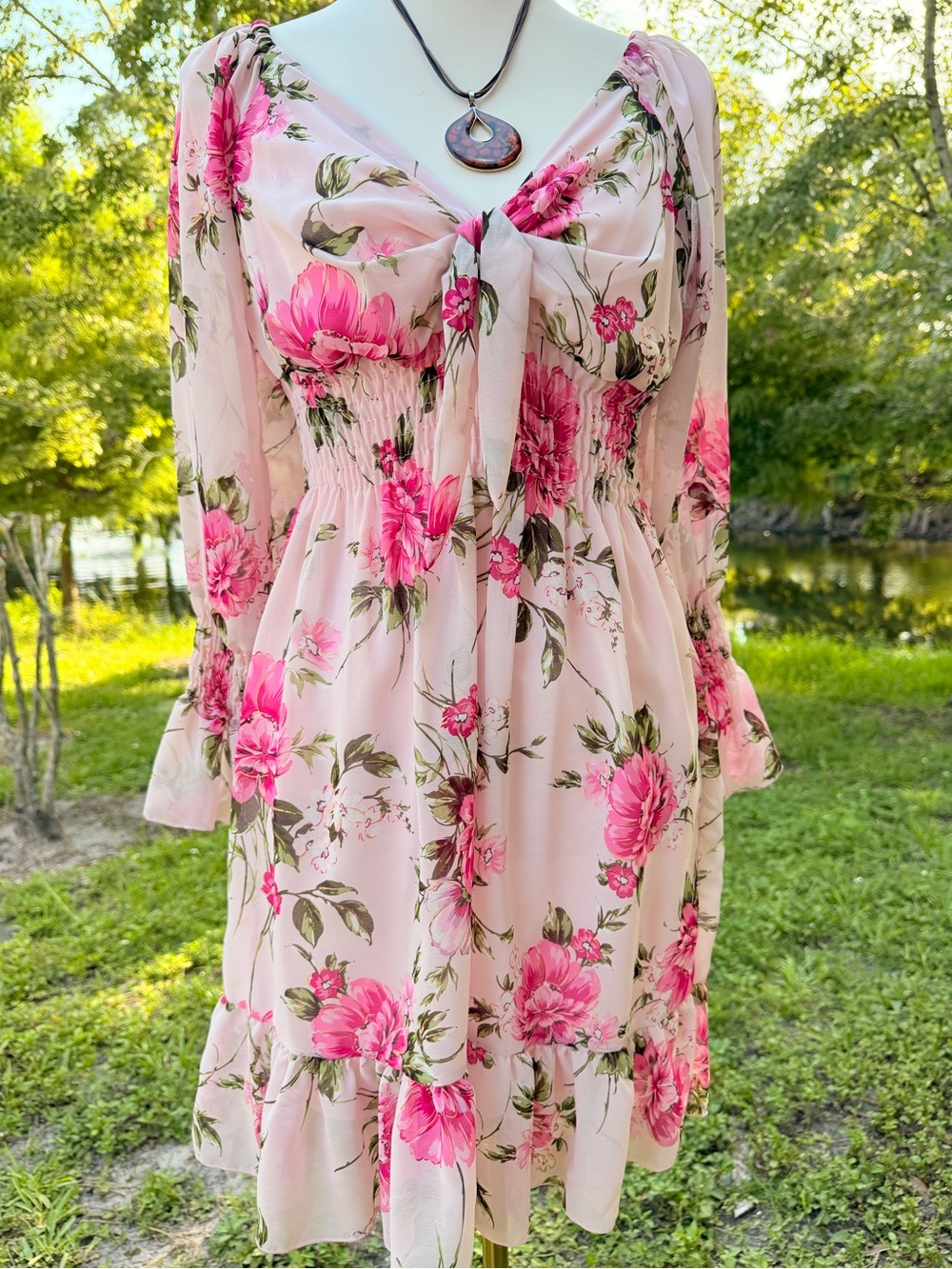 Duquesa Pink Floral Cottagecore Tie Front Smocked Long Sleeve Dress